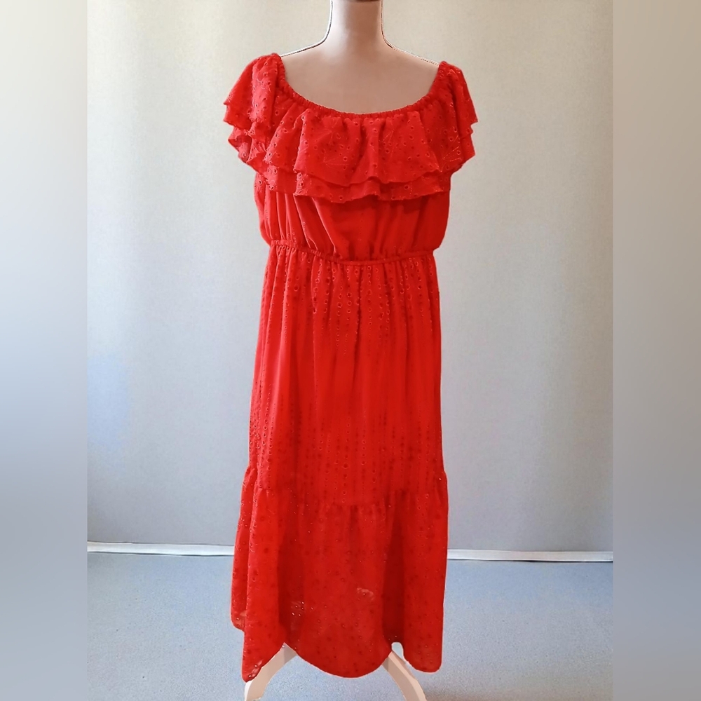 Sofia Vergara Red Plus Womans L Eyelet Maxi Long Dress Cottagecore Flutter Boho